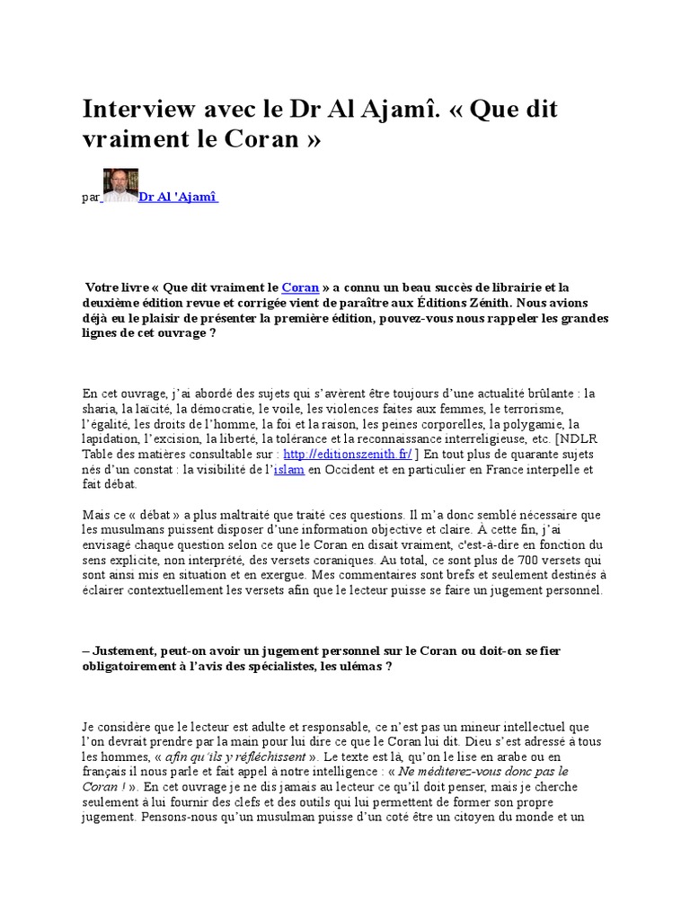 Dr Al Ajami Mise En Garde Interview Avec Le DR Al Ajamî. Que Dit Vraiment Le Coran | PDF | Coran |  Islam