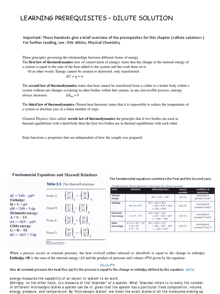 Prelearning Dilute Solution PDF Laws Of Thermodynamics Viscosity