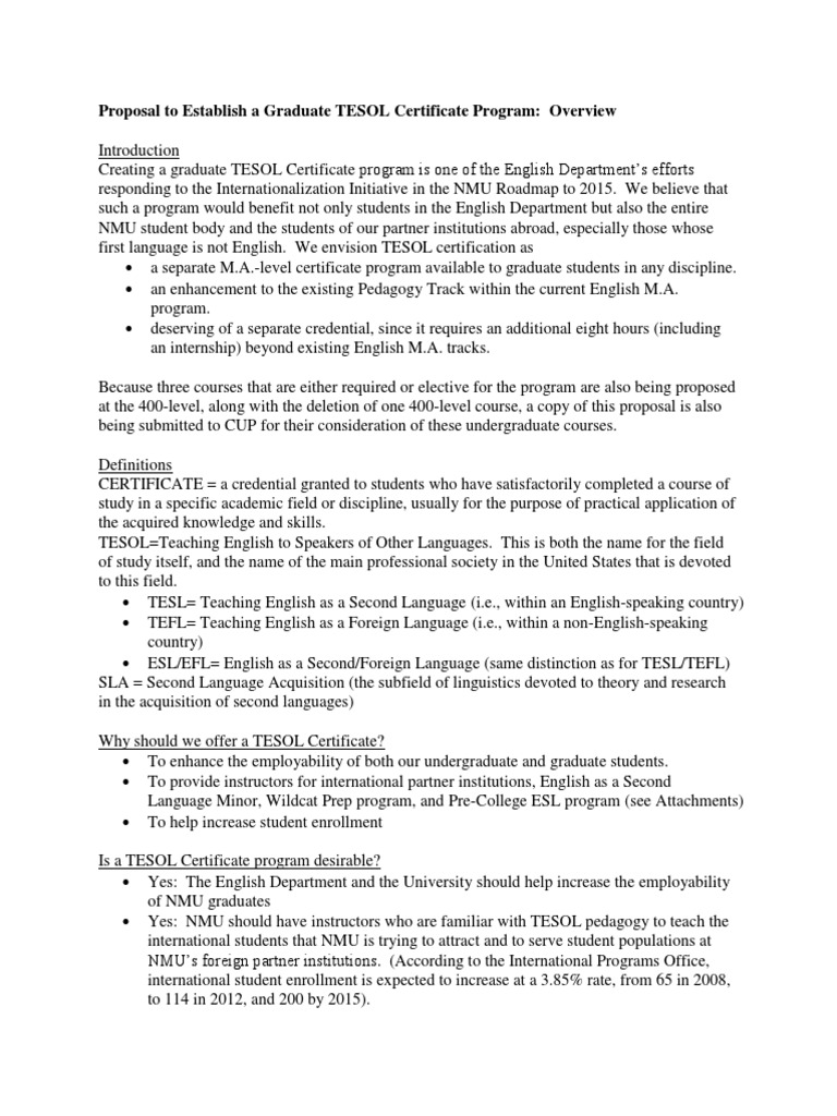 NMU Graduate TESOL Certificate Proposal | PDF | English As A Second Or ...