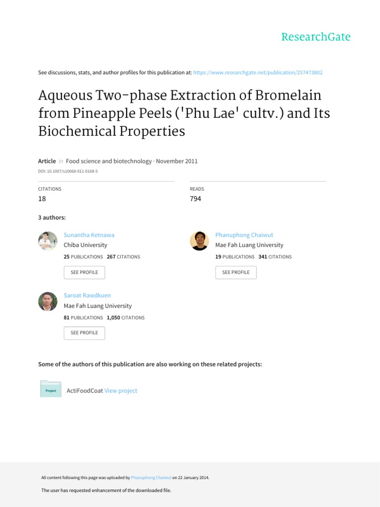 Aqueous TwoPhase Extraction of Bromelain From Pineapple Peels ('Phu