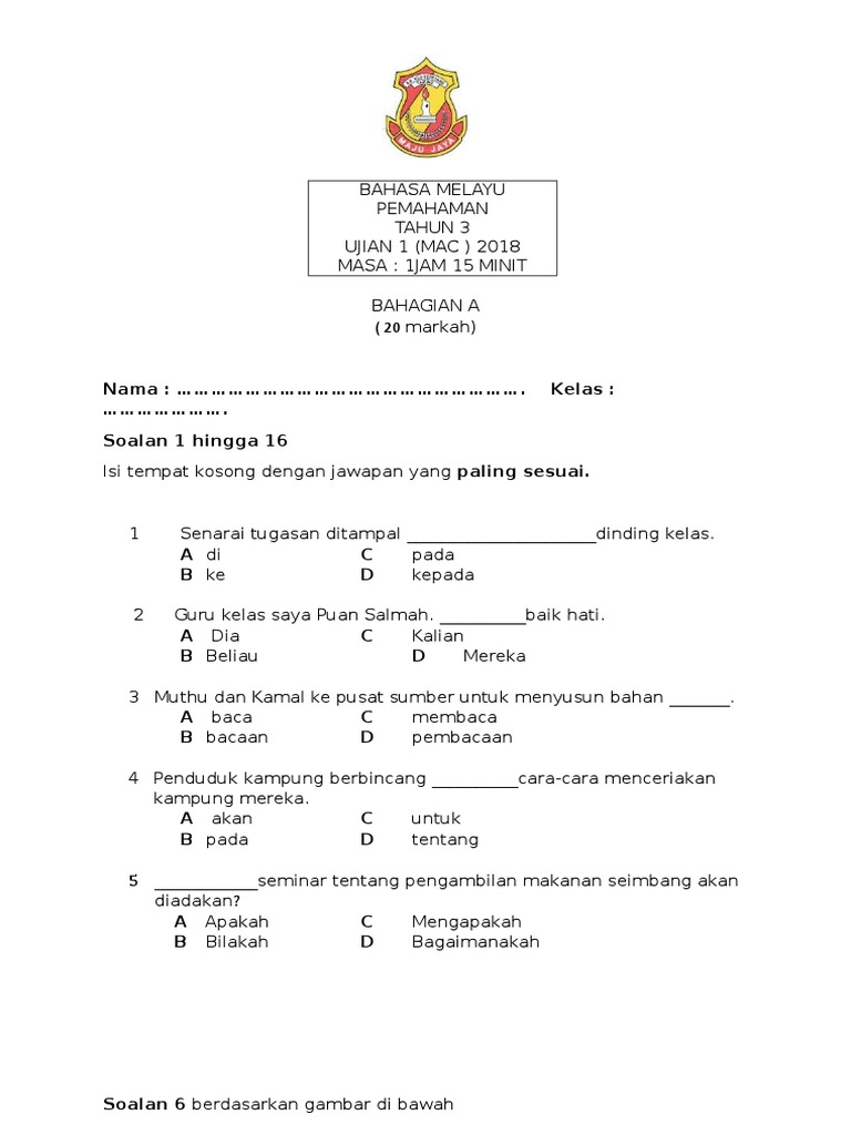 Bahasa Melayu Soalan Tahun 3 Ujian 1 Bulan Mac 2017 