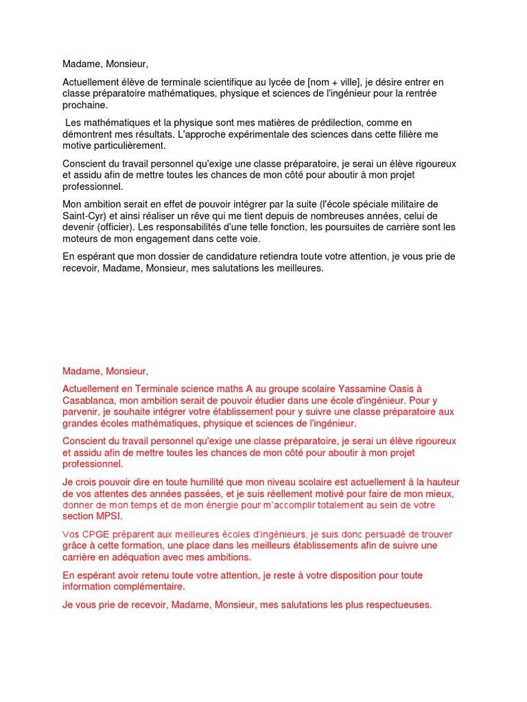 Lettres de Motivation Cpge Enseignement supérieur Écoles