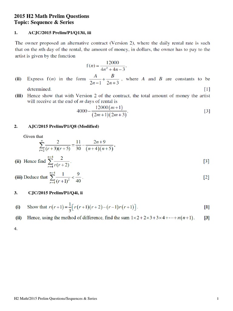H2 Math Prelim: Sequences & Series | PDF