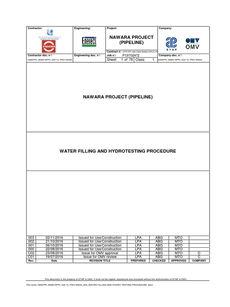 Water Filling & Hydrotesting Procedure | PDF | Quality Assurance ...