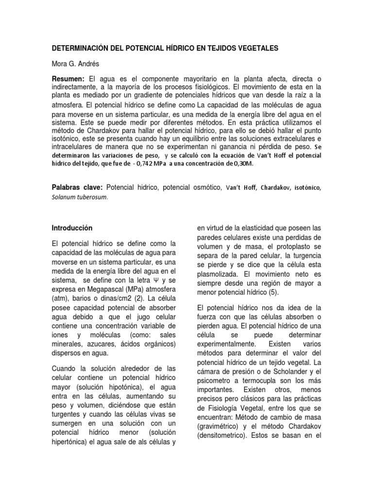 Determinación del potencial hídrico en tejidos vegetales mediante el ...