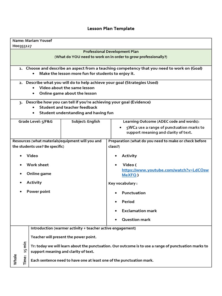 Lesson Plan Punctuation Lesson Plan