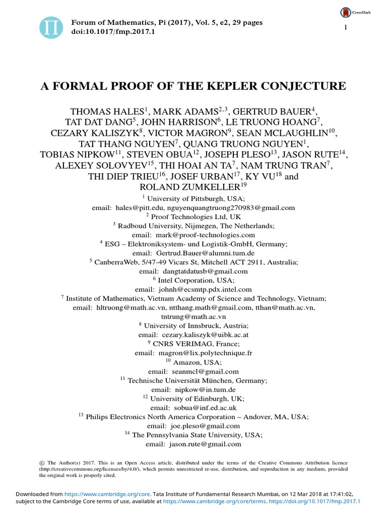 Formal Proof of the Kepler Conjecture | PDF | Mathematical Proof ...