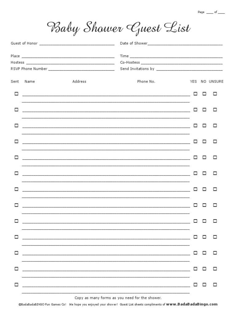 Baby Shower Guest List Template PDF