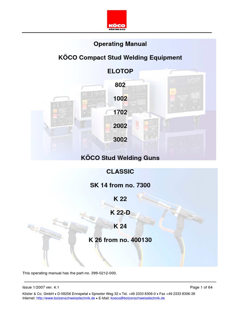 Operating Manual KÖCO Compact Stud Welding Equipment Elotop 802 1002 ...