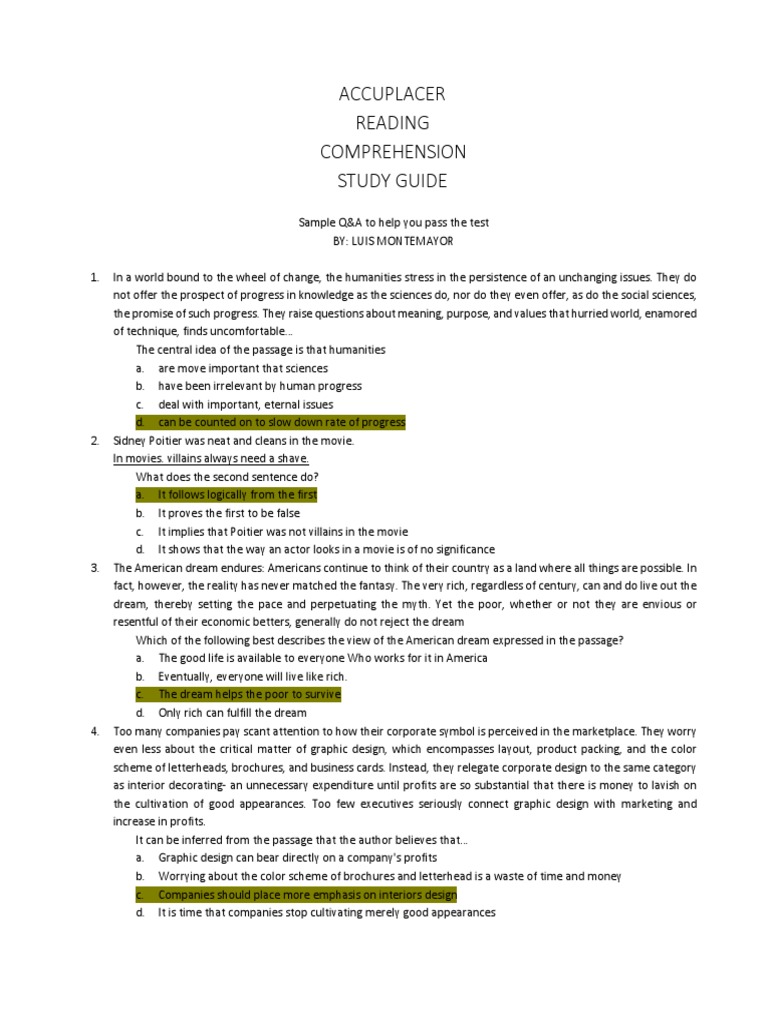 Accuplacer reading comprehension study guide print able download free