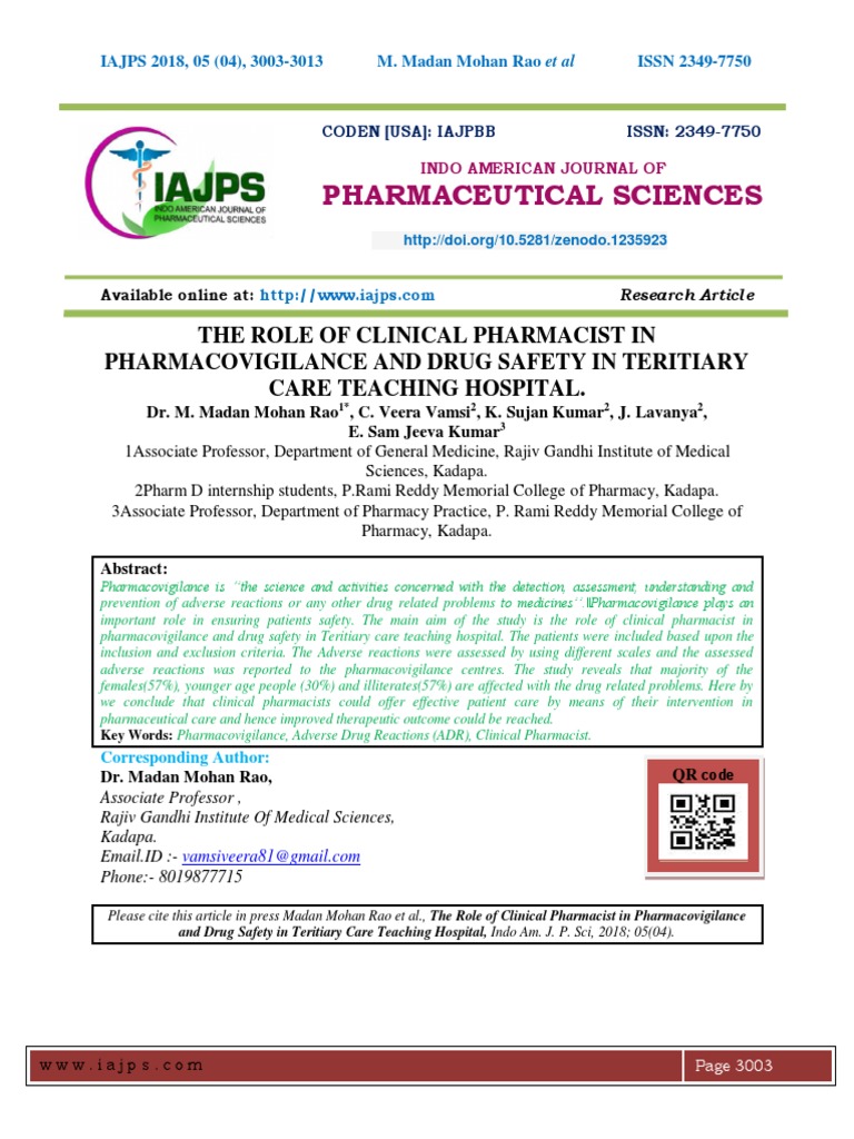 The Role of Clinical Pharmacist in Pharmacovigilance and Drug Safety in ...