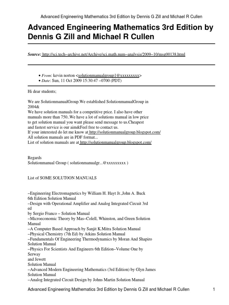 Advanced Engineering Mathematics Zill Instructor Solution Manual