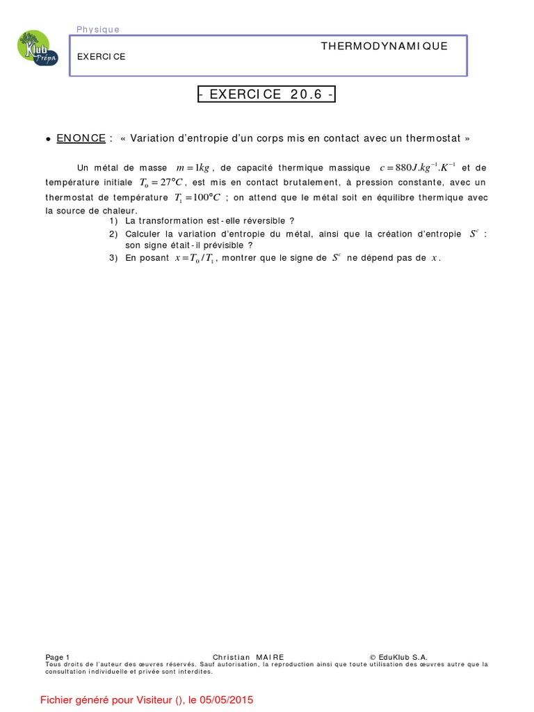 Variation d'entropie en thermodynamique | PDF | Entropie | Grandeur ...