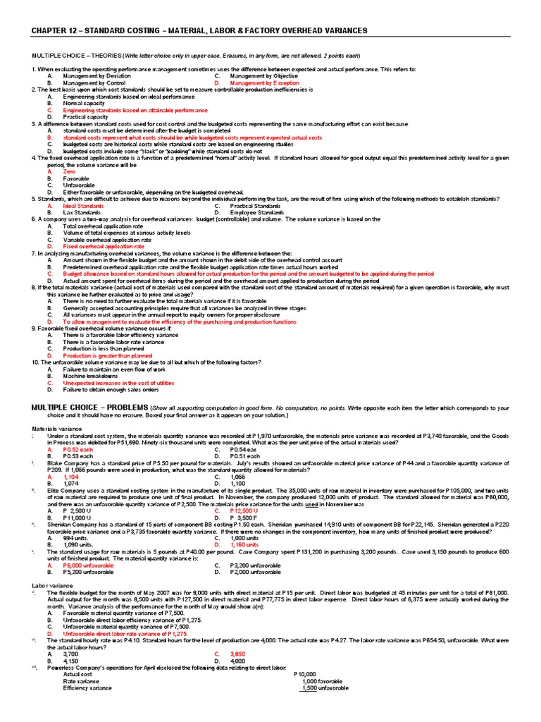 Answer Key - Quiz - Chapter 12 - MC - All Variances | PDF 