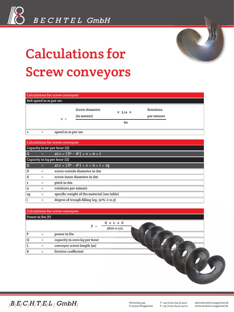 Screw Conveyor Design Calculations | PDF