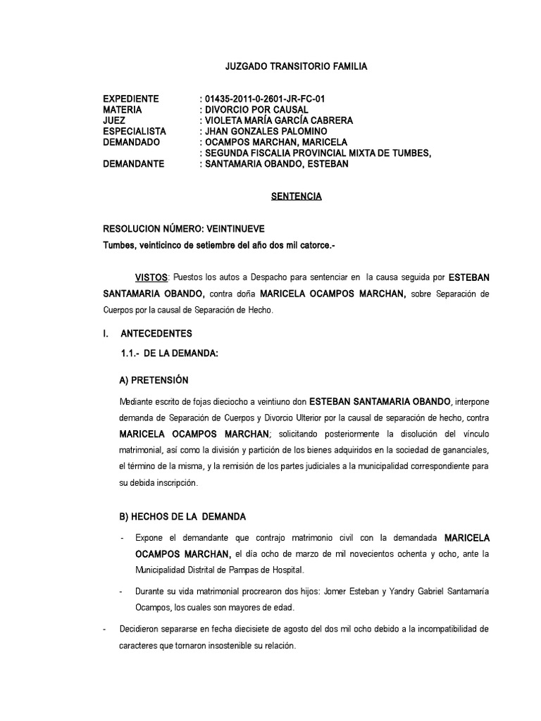 Sentencia Divorcio | PDF | Divorcio | Manutención de los hijos