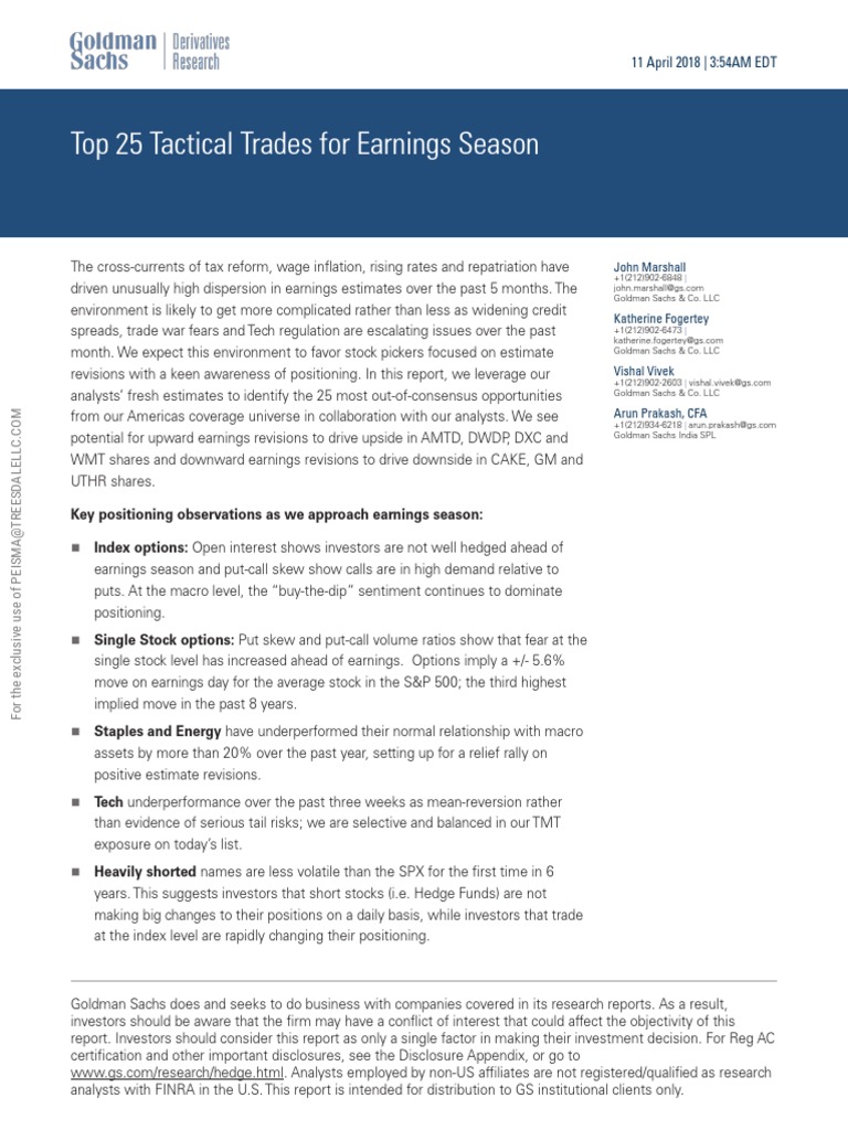 Goldman Sachs Derivatives Research Top 25 Tactical Trades For Earnings Season Goldman Sachs Option Finance