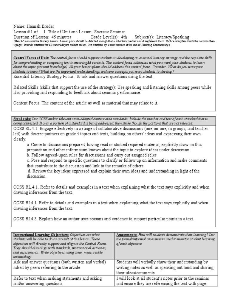 Socratic Seminar Lesson Plan Lesson Plan Educational Assessment