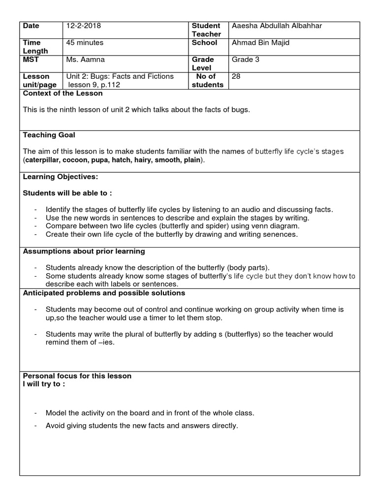 Lesson Plan 1 Aaeshaabdulla | PDF | Butterfly | Pupa