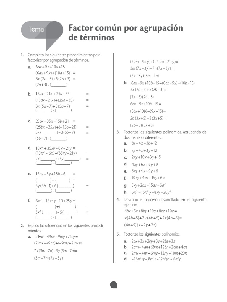 Ejercicios de Factor Común por Agrupación | PDF | Álgebra | Enseñanza ...