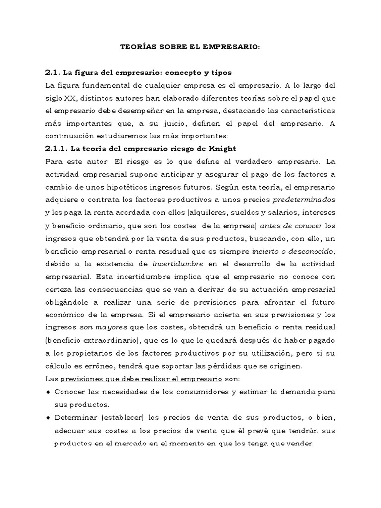 Teorías Sobre El Empresario | PDF | Beneficio (economía) | Salario