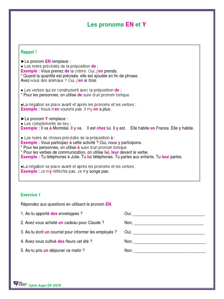 Exercices Sur Les Pronoms à Imprimer Les pronoms complements EN et Y Exercices et corrige.pdf | Pronom