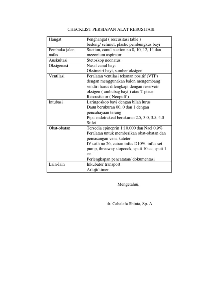 Checklist Persiapan Resusitasi Neonatus | PDF | Sains & Matematika