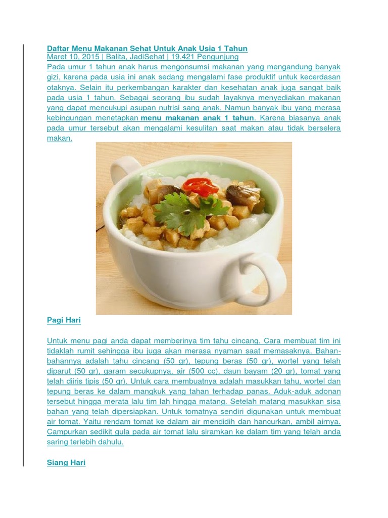 Menu Makanan Sehat Untuk Anak Usia 1 Tahun | PDF