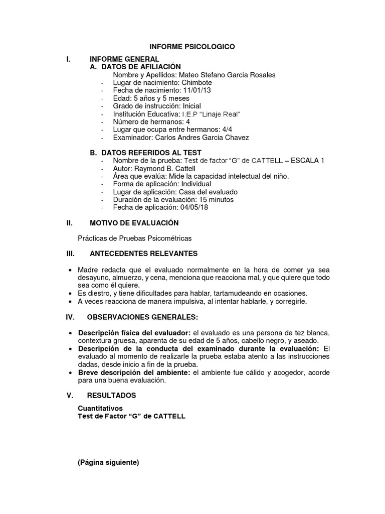Informe del Test de Cattell Escala 1 | PDF | Cociente de inteligencia ...