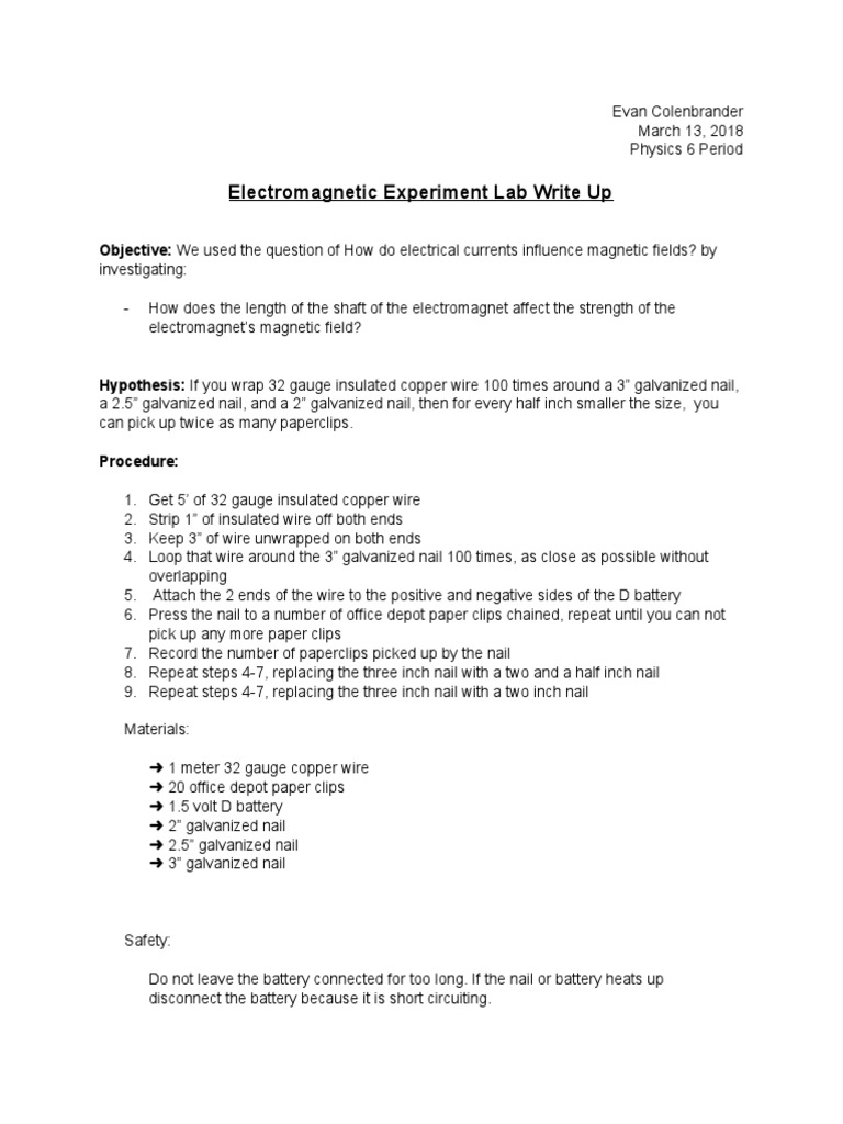 Electromagnetic Experiment Lab Write Up: Objective | PDF | Wire ...