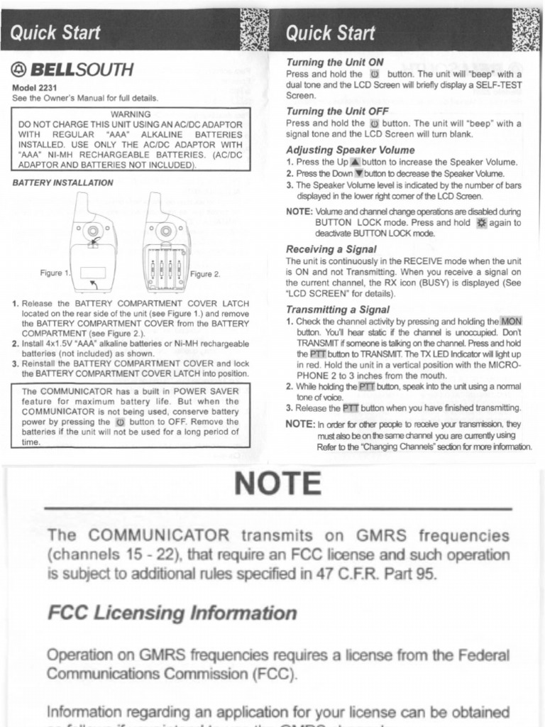Bellsouth 2231 Frs Gmrs Radio Instructions PDF Radio Electronics