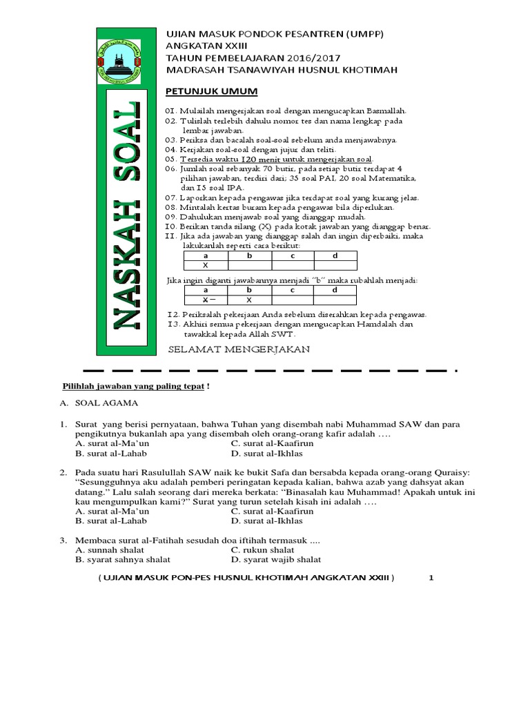 Soal Soal Tes Di Muallimin Th 2017