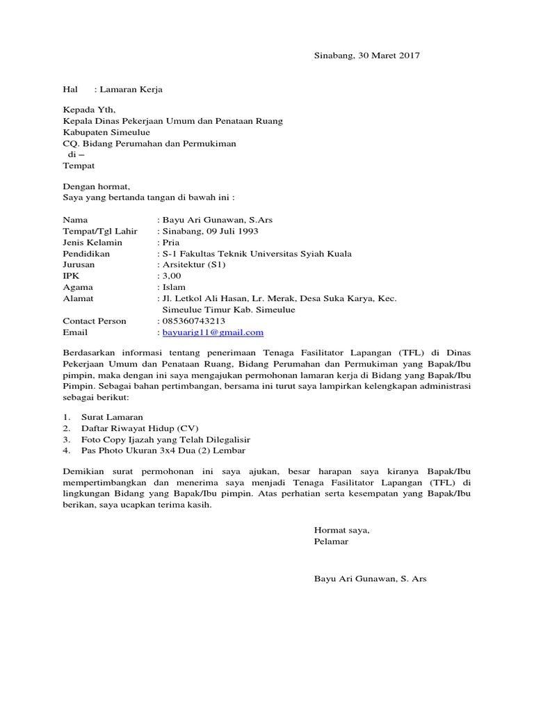Surat Lamaran Kerja Bayu