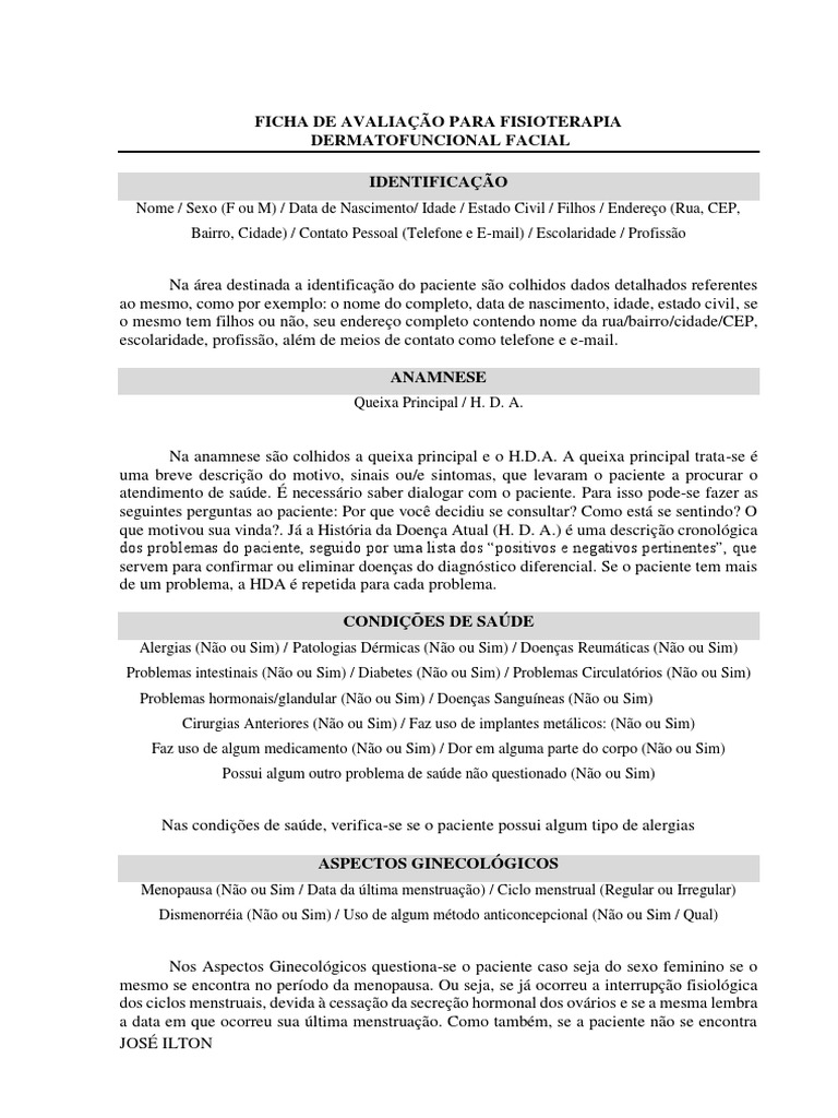 Ficha Anamnese Estética / dermatofuncional - Fisioterapia Estética  Dermatológica