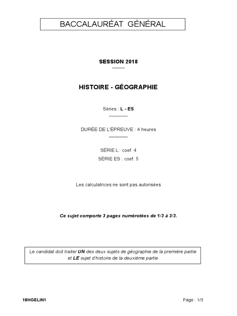Page De Garde Cahier Geographie Mondialisation Bac ES - L 2018 Pondichery-SUJET Histoire-Geo | PDF | George W. Bush |  Gouvernement américain