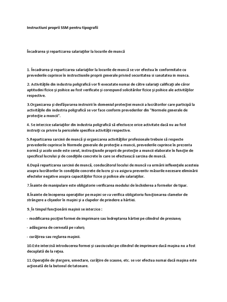 Instructiuni Proprii SSM Tipografii | PDF