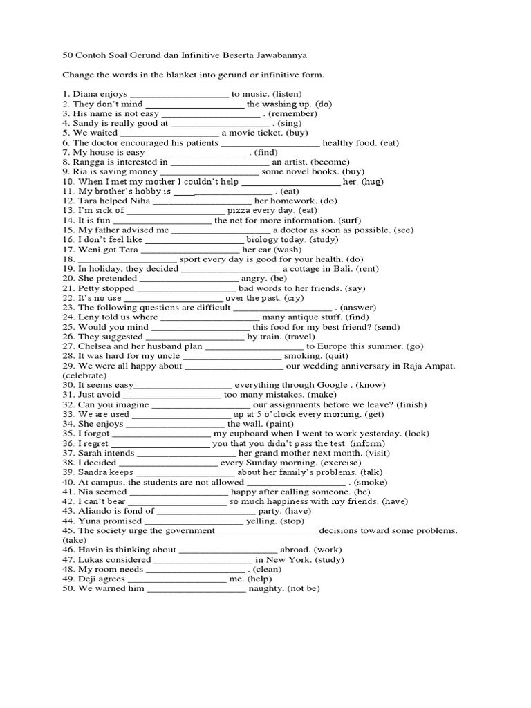 50 Contoh Soal Gerund Dan Infinitive Beserta Jawabannya