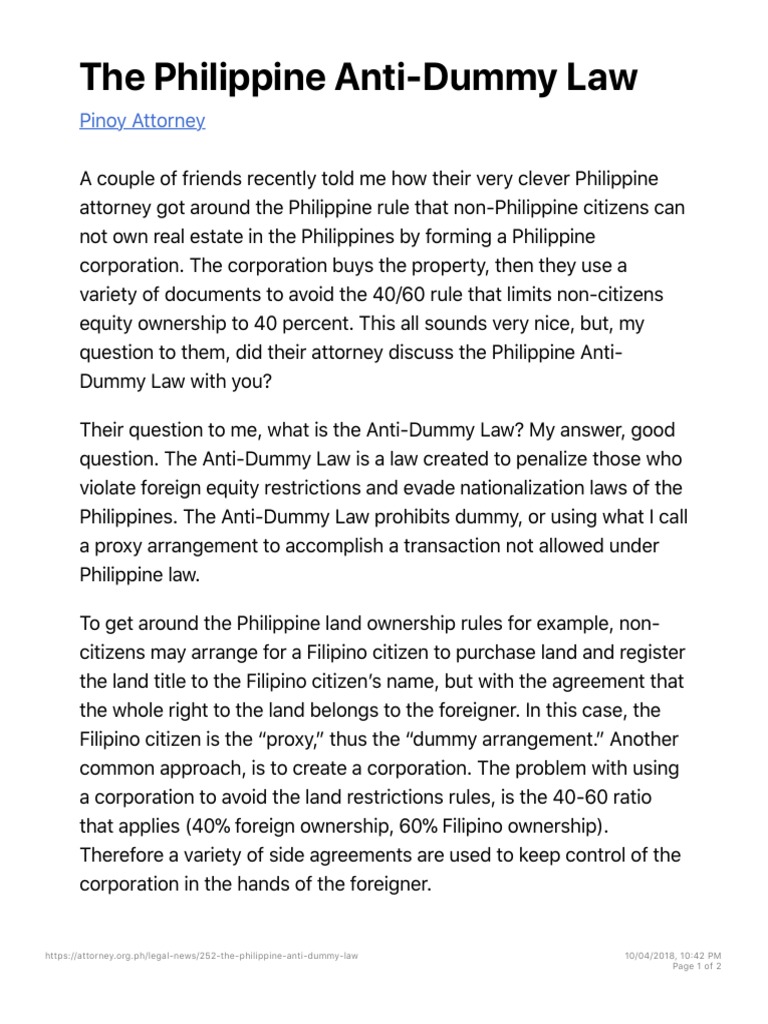 The Philippine AntiDummy Law PDF Ownership Philippines