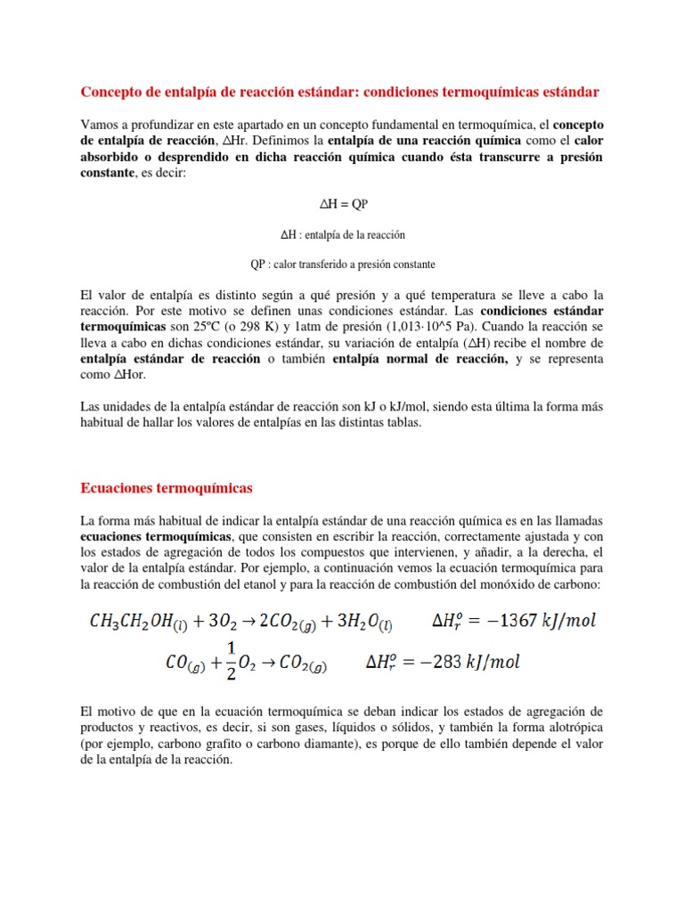 Concepto de Entalpía de Reacción Estándar Entalpía Reacciones químicas