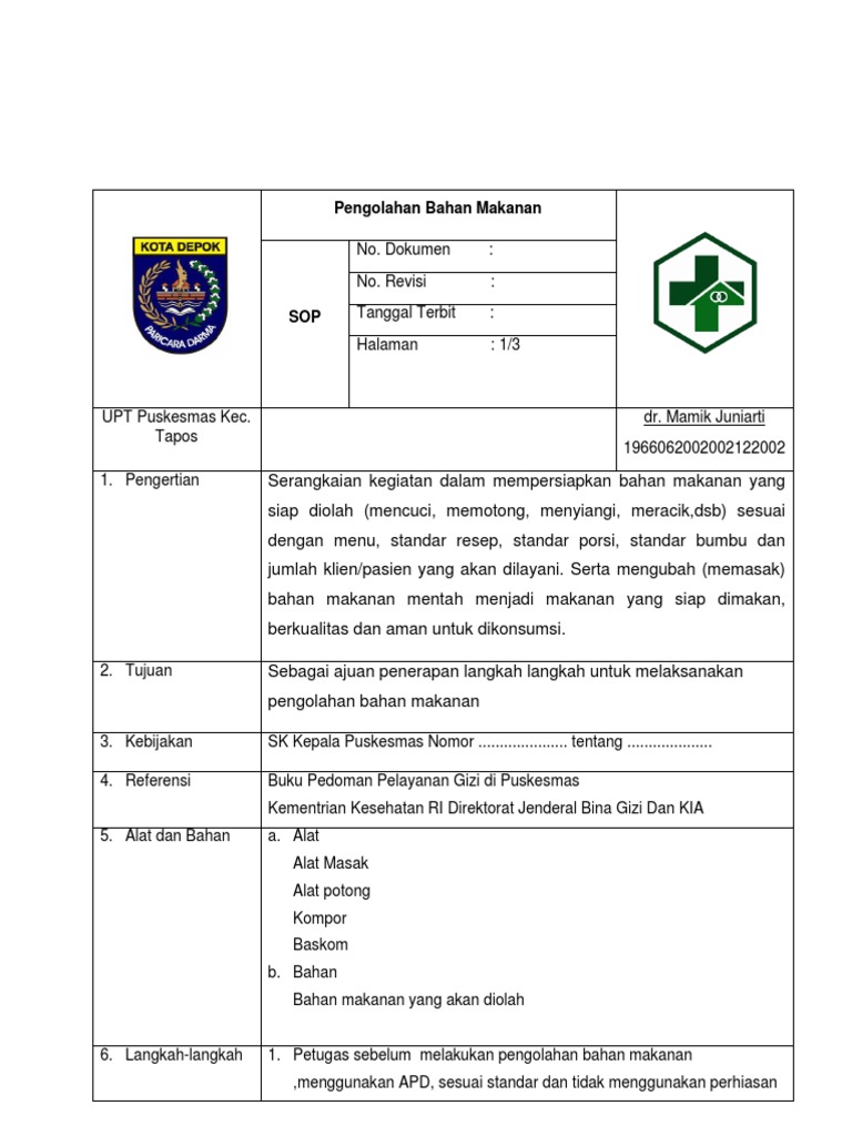 SOP Pengolahan Bahan Makanan | PDF