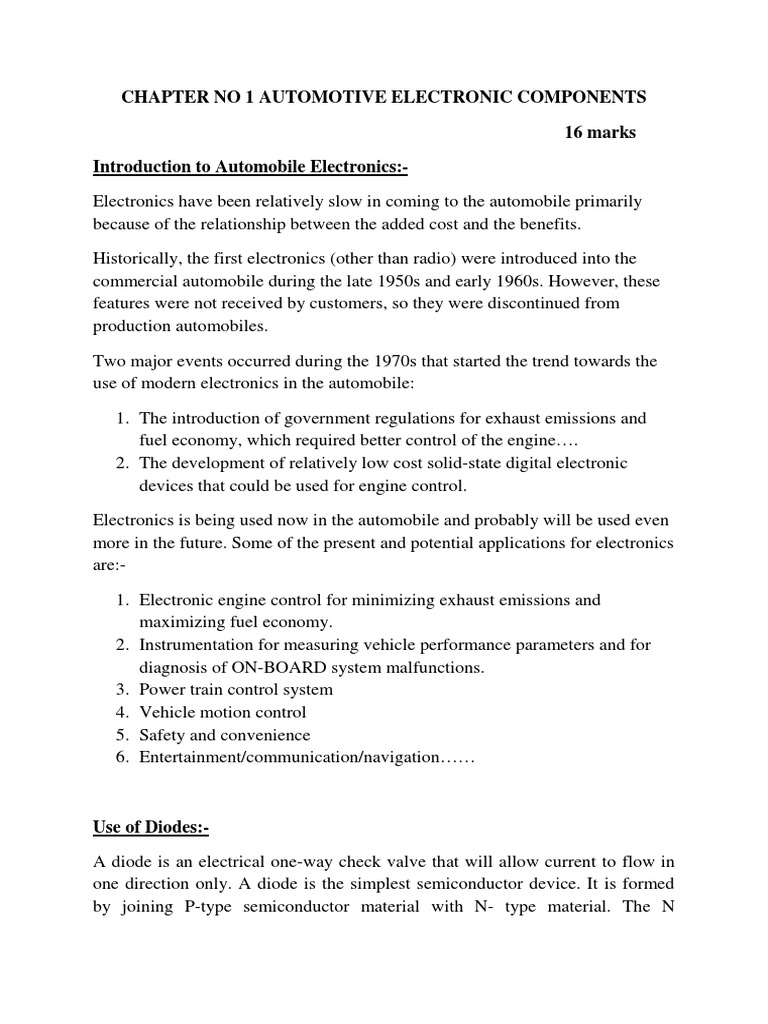 Chapter No 1 Automotive Electronic Components 16 Marks Introduction To Automobile Electronics