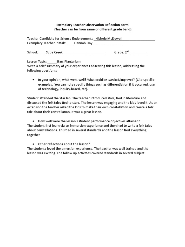 Teacher Observation Reflection: Stars Lesson | PDF | Inquiry Based ...