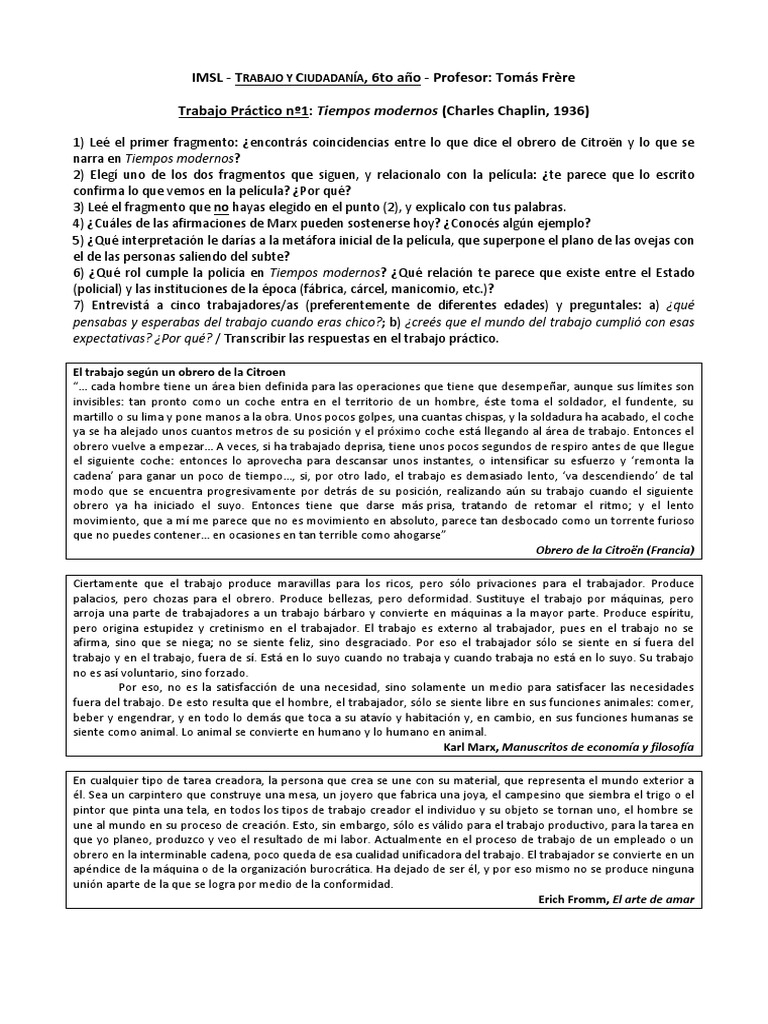 U1 2b Cuestionario y Recuadros Marx Fromm Obrero Citroen | PDF