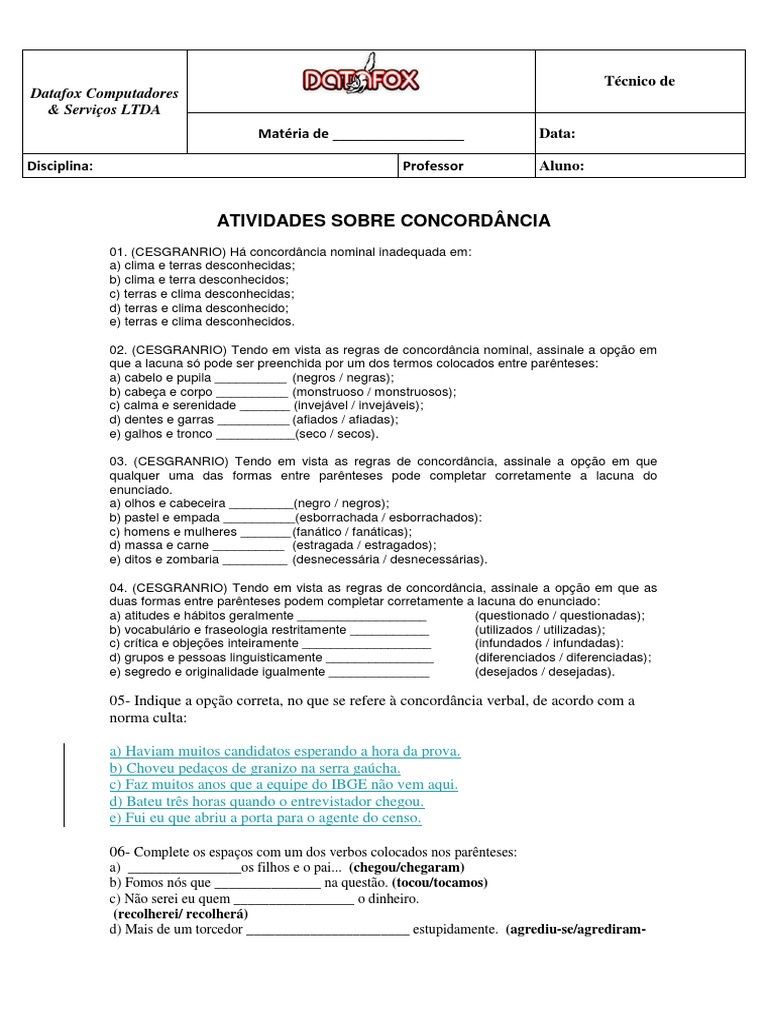 Atividades de Concordância Nominal e Verbal | PDF