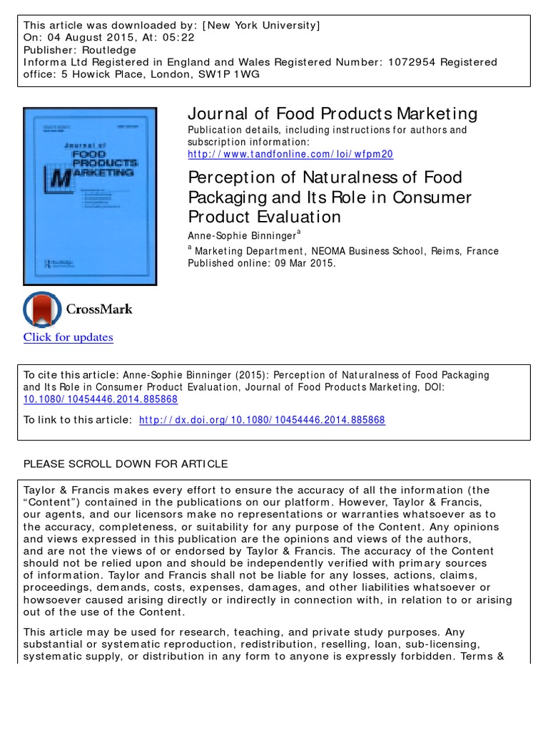 Journal of Food Products Marketing: Click For Updates PDF Survey