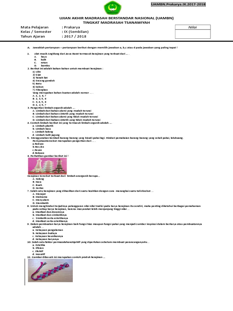 Latihan Soal Usbn Prakarya Smp Tahun 2018 1