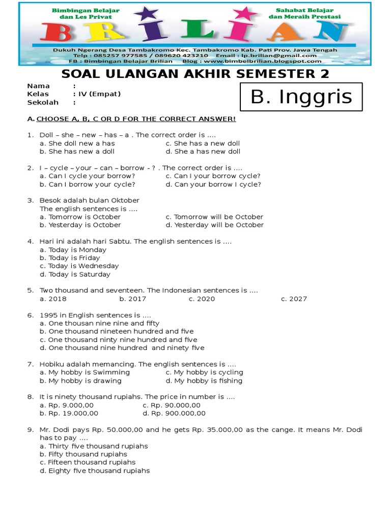 Soal UAS Bahasa Inggris Kelas 4 SD Semester 2 Dan Kunci 