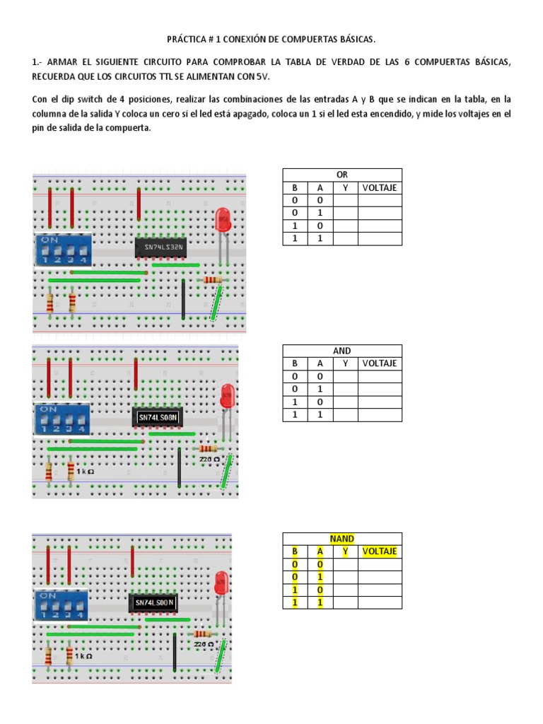 Práctica de Compuertas Lógicas en Protoboard | PDF | Puerta lógica ...