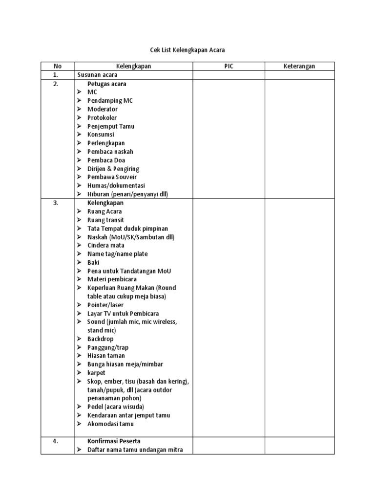 Cek List Kelengkapan Acara | PDF