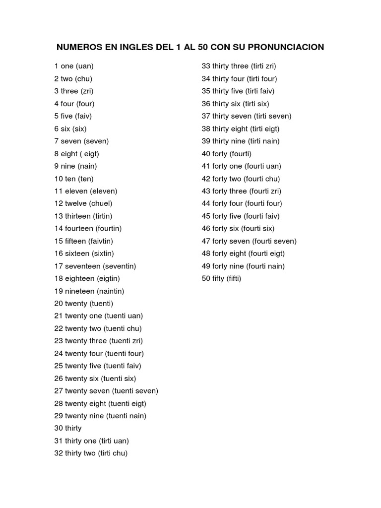 Números del 1 al 50 en inglés y pronunciación | PDF